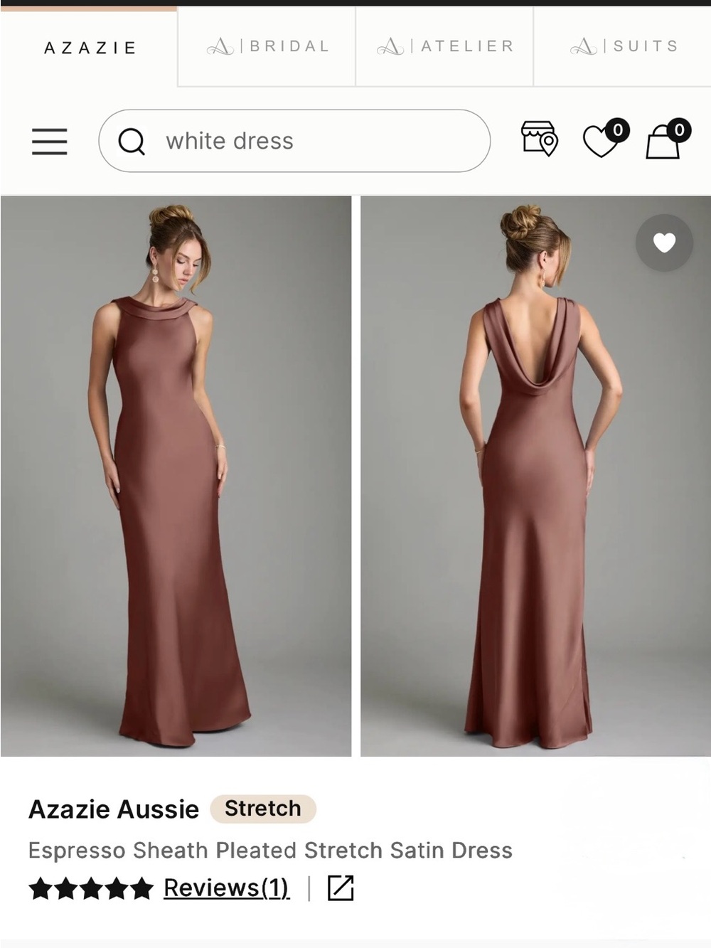 NEW Azazie Espresso Espresso Sheath Pleated Stretch Satin Dress